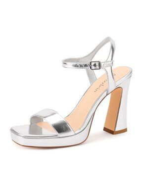 Faux Leather Platform Chunky High Heel Sandals with Ankle Strap Square Toe